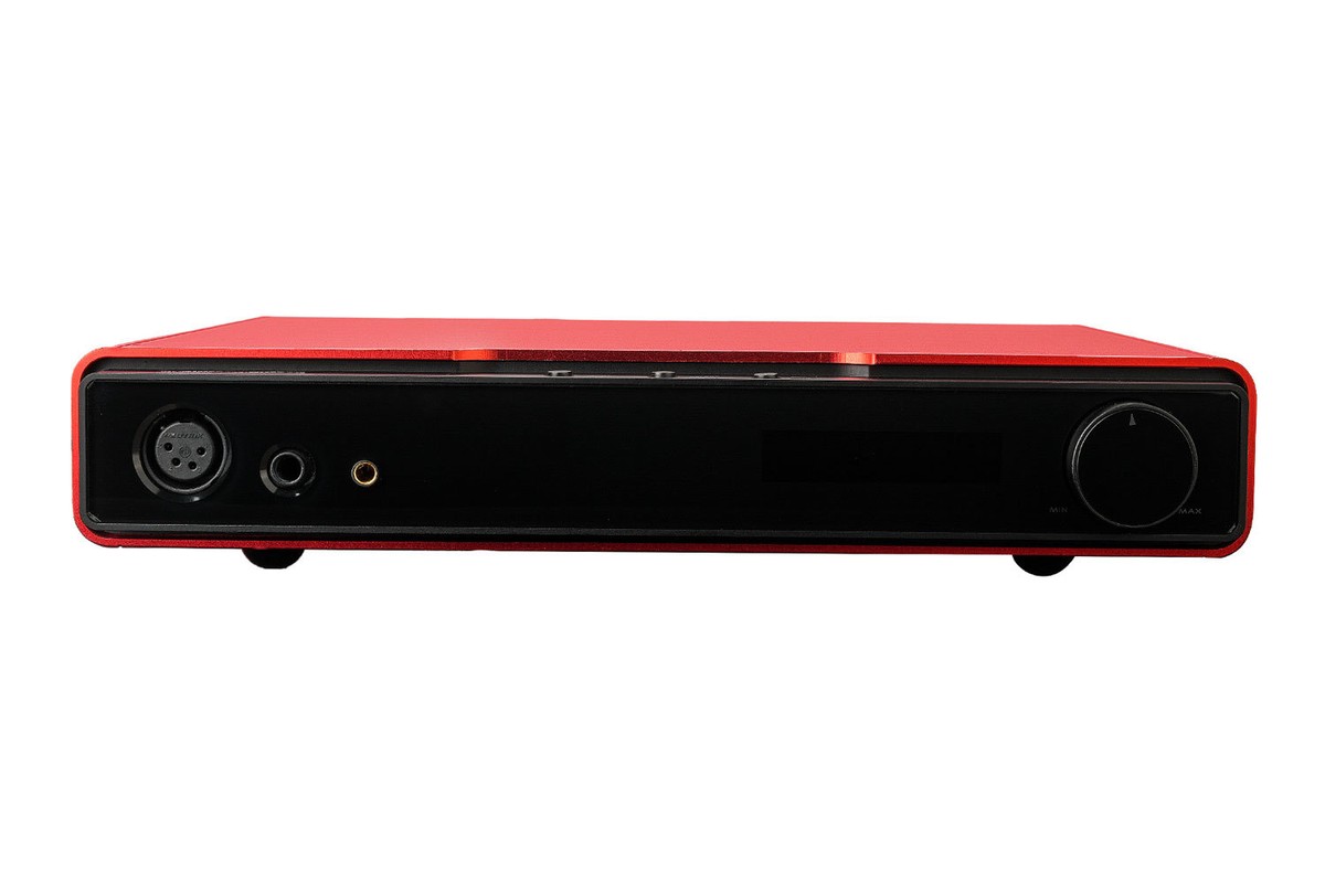 Red front panel with three headphone outputs and volume knob
