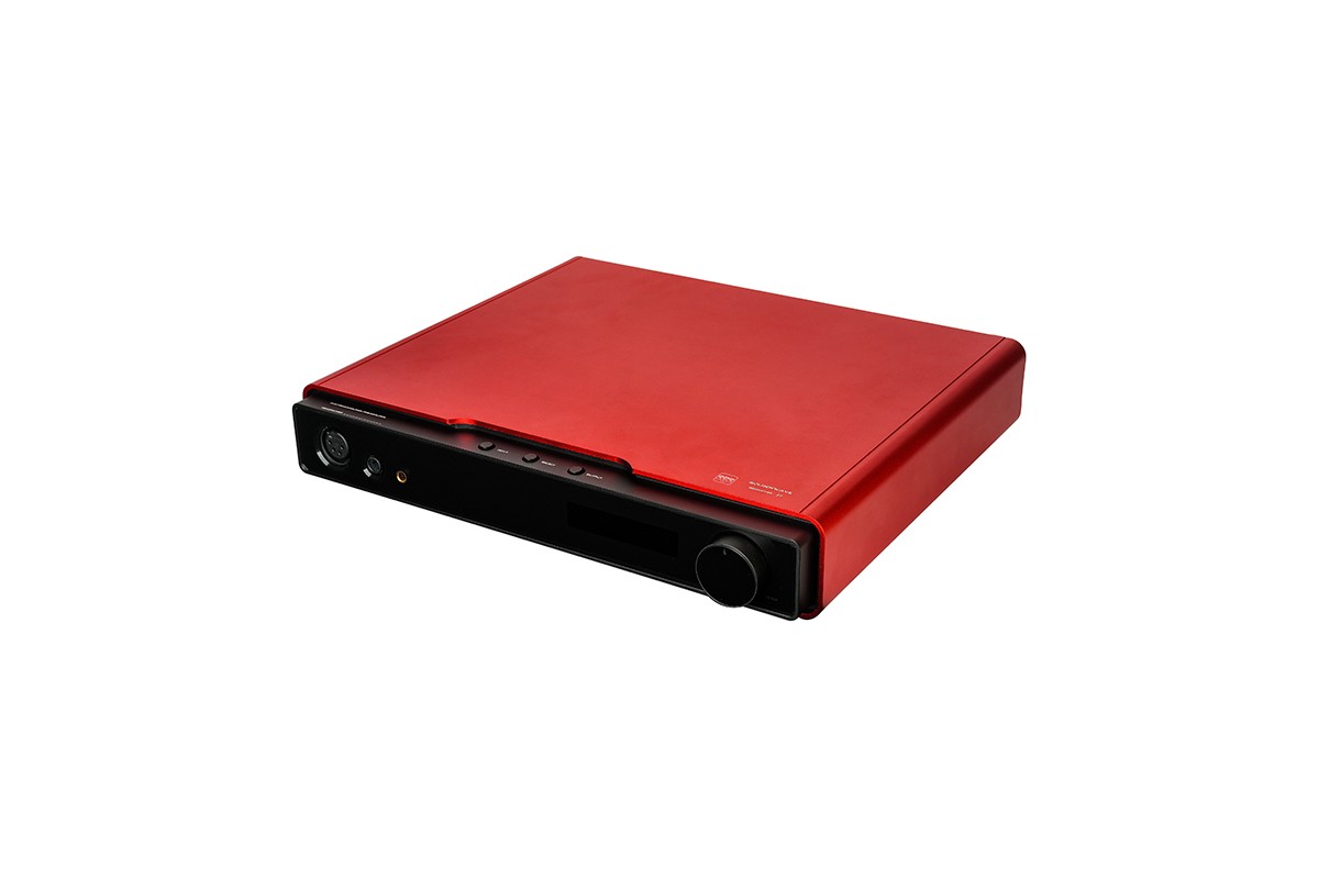 Red chassis seen from above, front-panel buttons