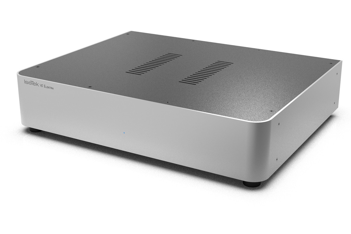 IsoTek V5 Elektra en finition argent, vu de trois quarts