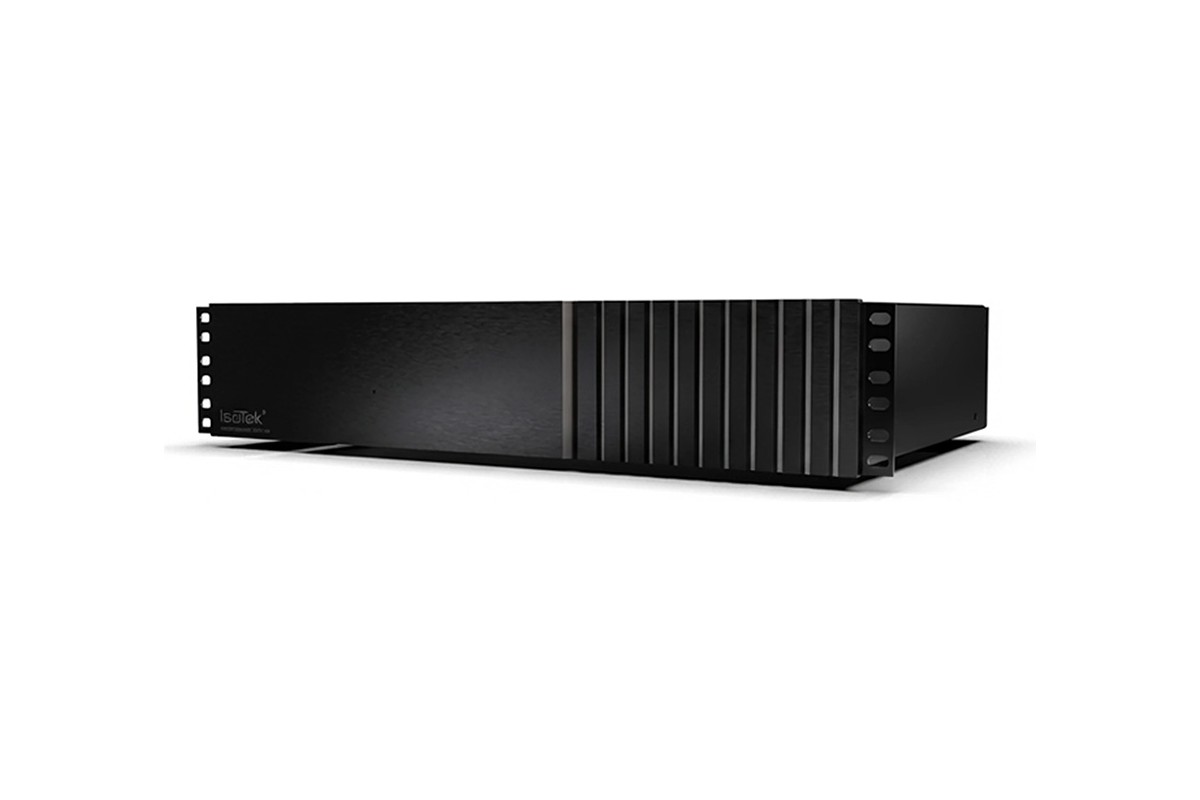 IsoTek Delta Lite vu de trois quarts, châssis rack noir de deux unités