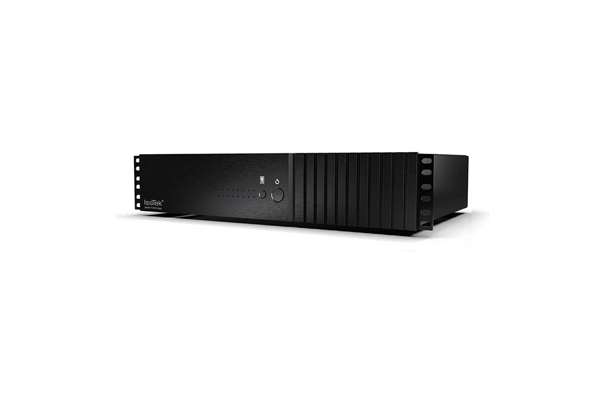 IsoTek Smart Delta vu de trois quarts, châssis rack noir de deux unités