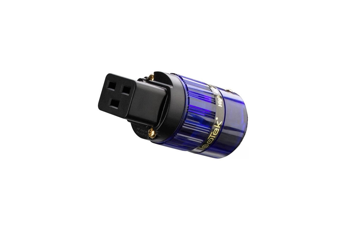 Le connecteur IEC C19 IsoTek 24CT Gold, corps translucide bleu et nez noir