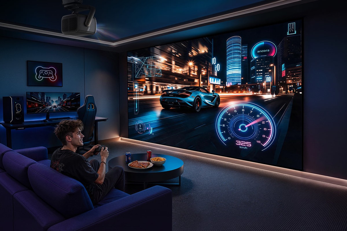 Spieler mit Controller auf dem Sofa vor einem Rennspiel, das auf eine sehr grosse Leinwand projiziert wird