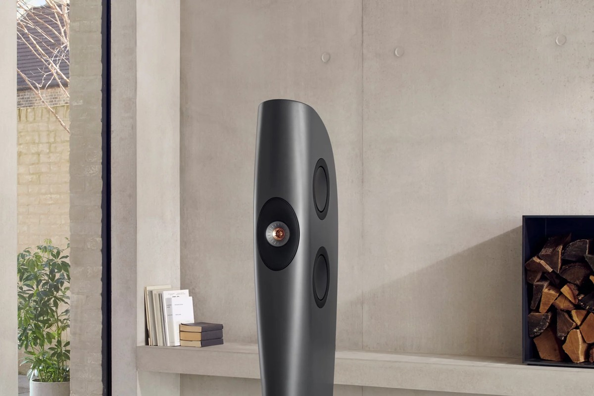 Close view of a charcoal grey speaker, coaxial driver in the middle of the front