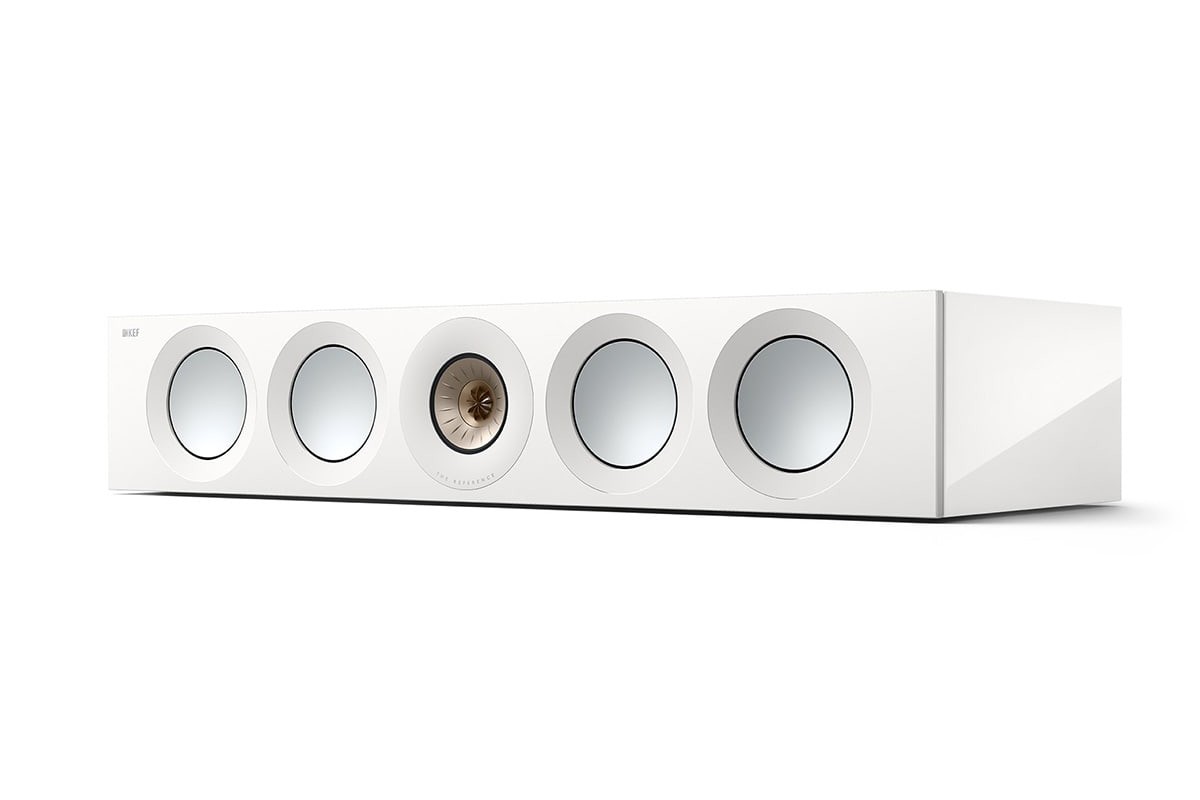 Enceinte centrale vue de trois quarts, finition blanc brillant