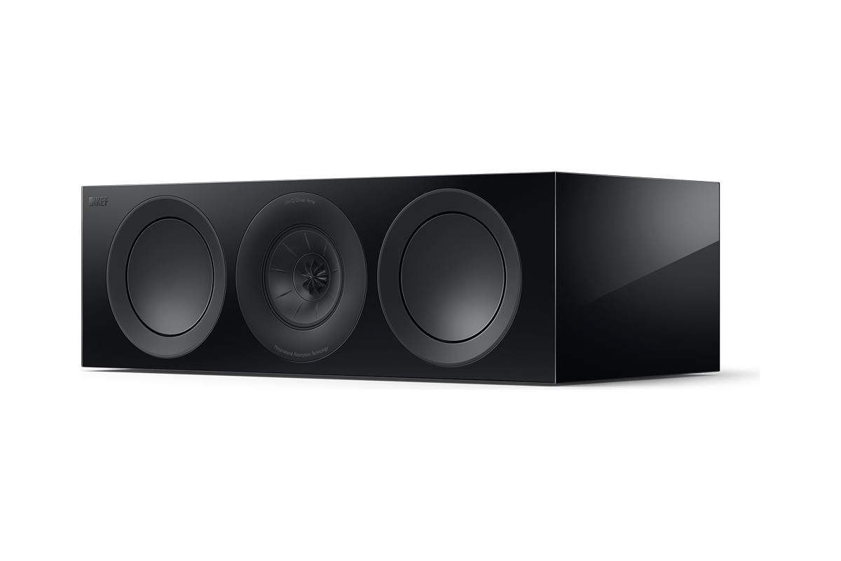 L'enceinte centrale noire laquée vue de trois quarts