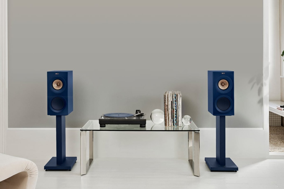 Two indigo speakers on their floor stands in a bright living room