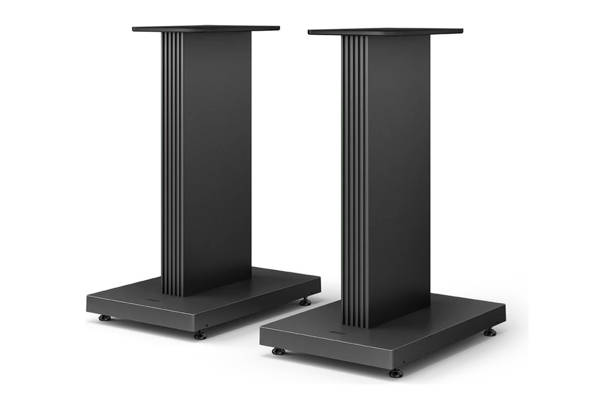 Pair of S3 floor stands in a dark finish, three-quarter view on white