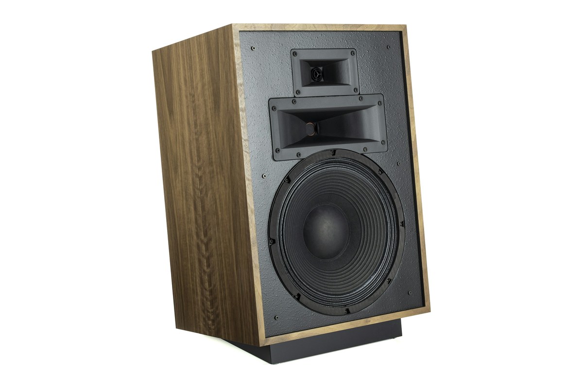 Klipsch Heresy IV en noyer sans grille, pavillons et grave visibles
