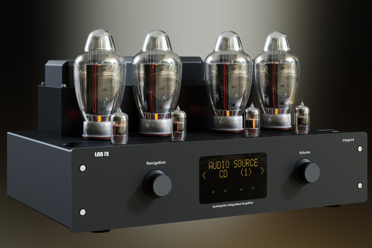Amplifier front panel with OLED display, navigation knob and volume