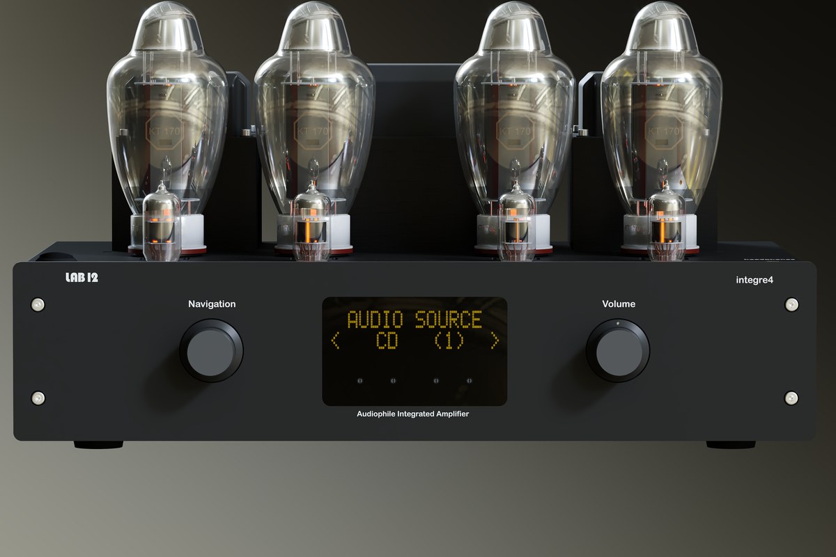 Tube amplifier seen from the front on a dark background, tubes lit