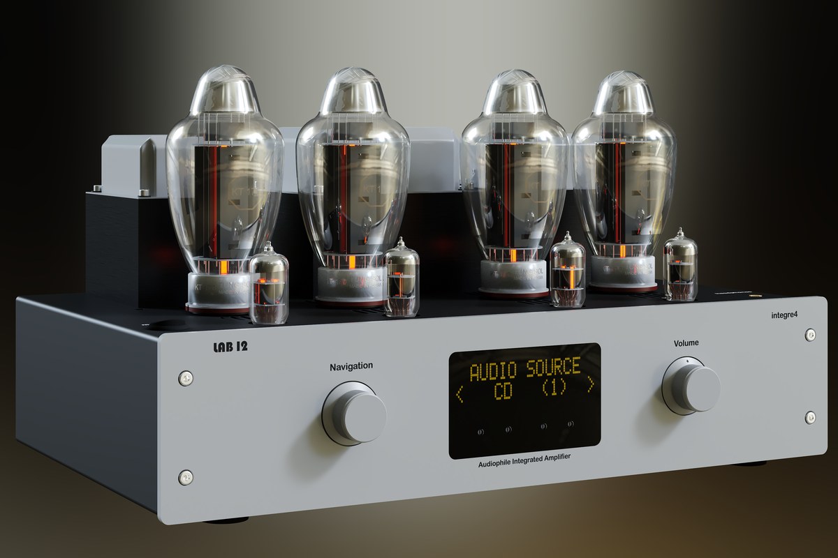 Amplifier front panel with OLED display, navigation knob and volume