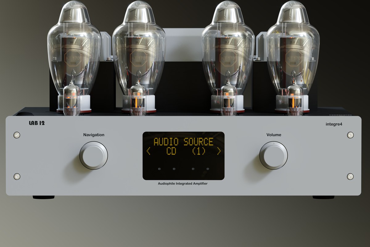 Tube amplifier seen from the front on a dark background, tubes lit