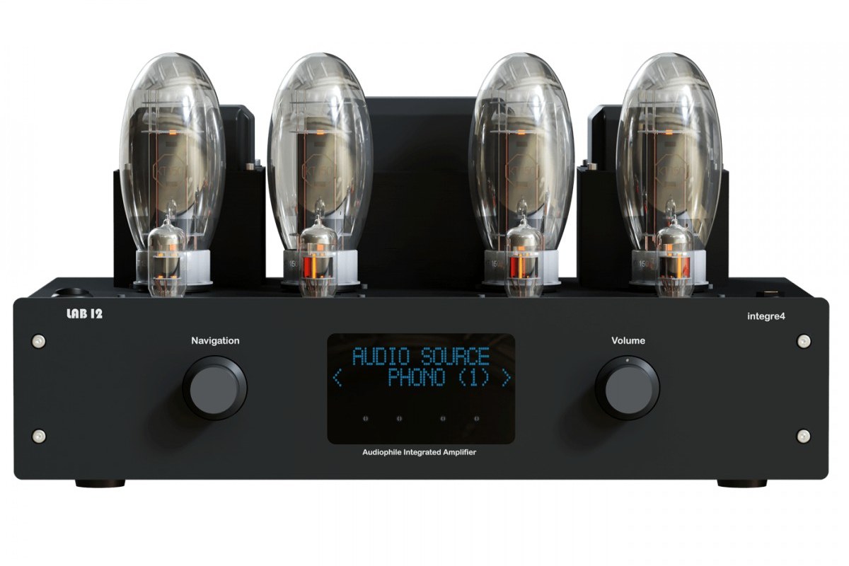 Amplifier front panel with OLED display and four large tubes