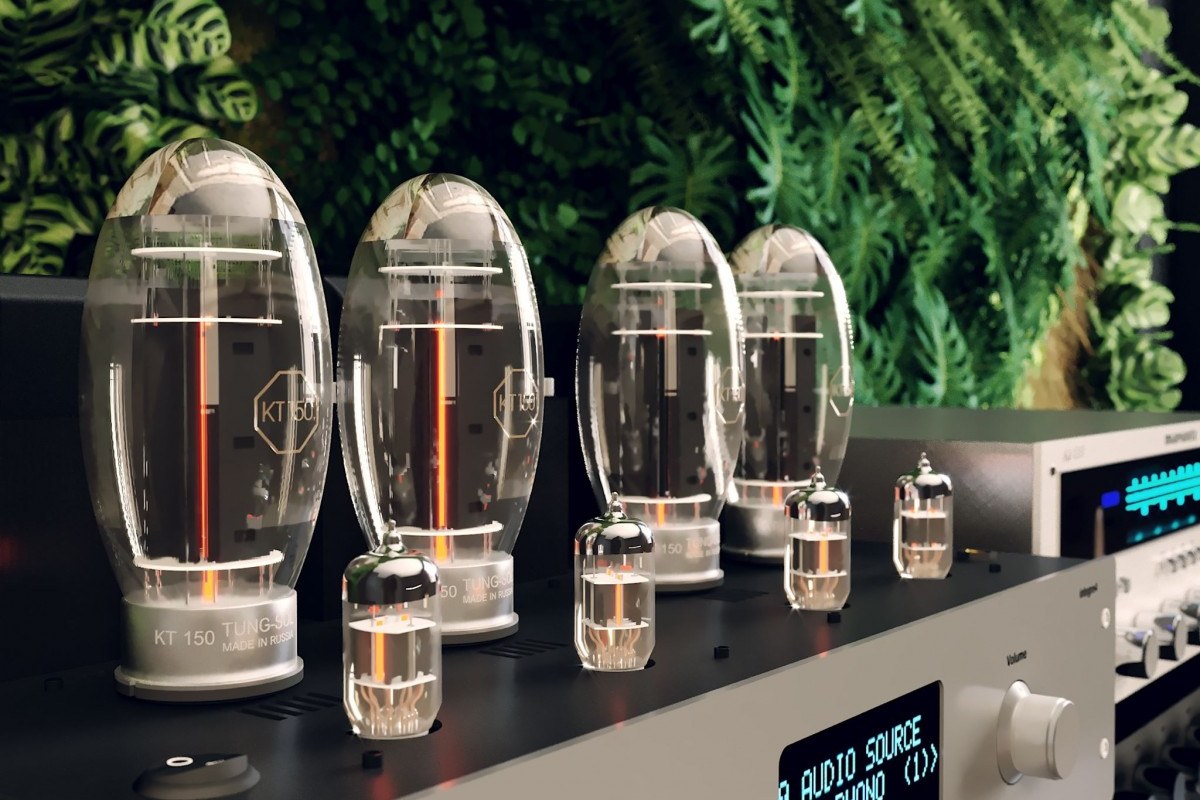 Tubes de puissance allumés sur un amplificateur argenté devant des plantes vertes