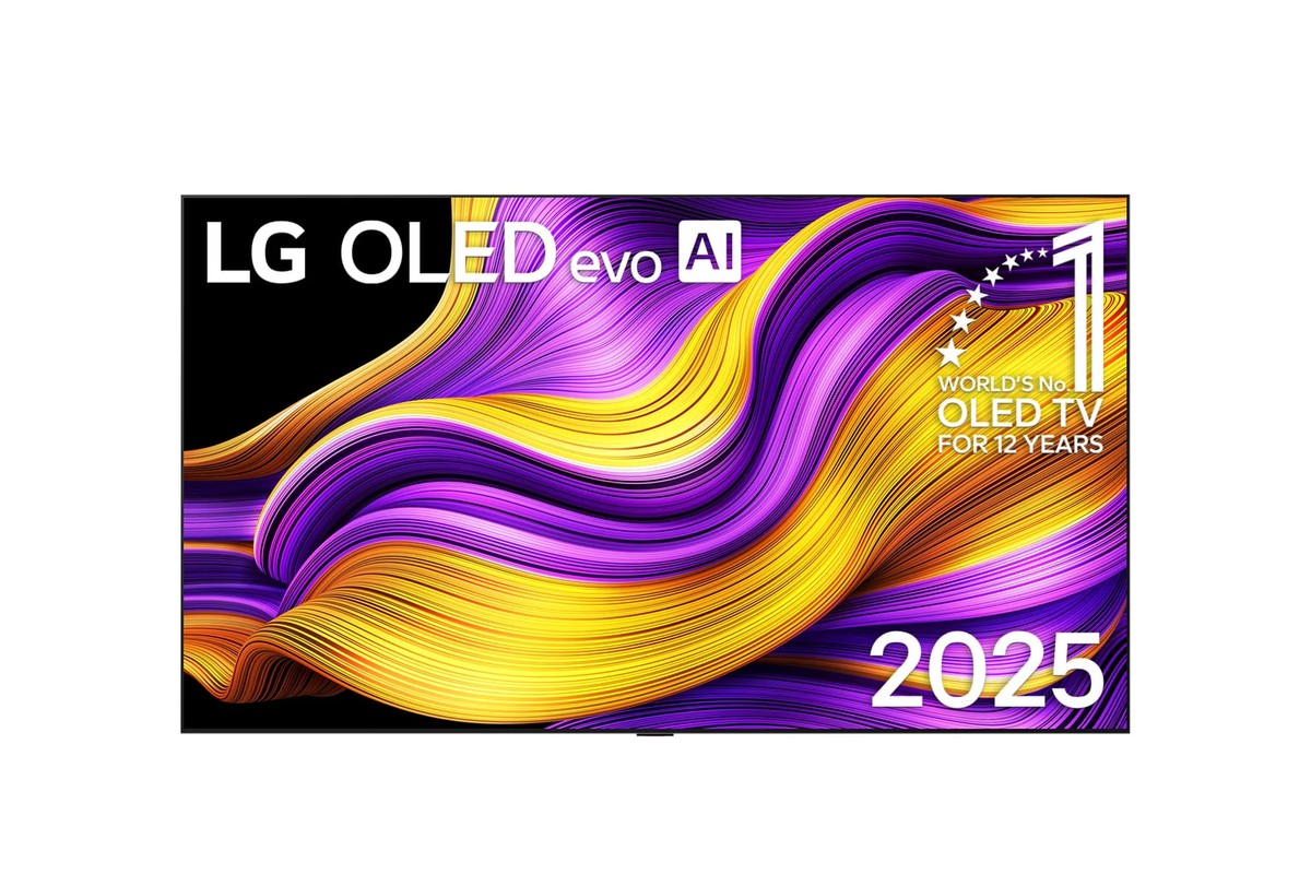 LG OLED97G57LW television seen from the front, screen on