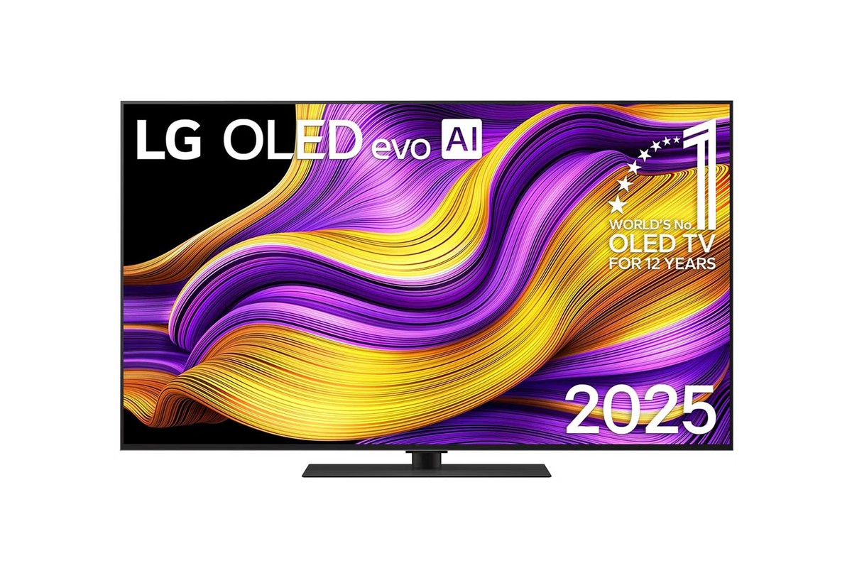 LG OLED55G59LS television seen from the front, screen on