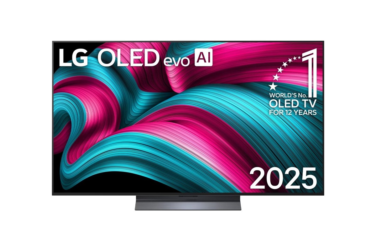 LG OLED55C57LA television seen from the front, screen on