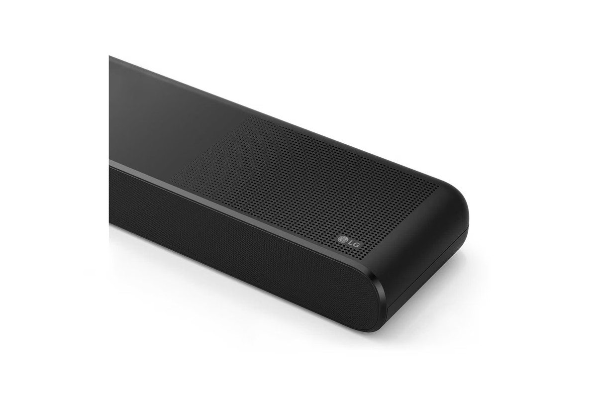 Close-up of the LG DS77TY speaker grille seen at an angle