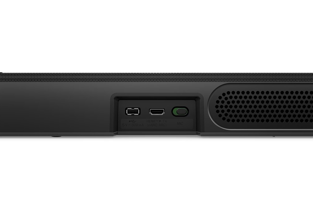 Face arrière de la barre avec la sortie HDMI eARC, le port USB et la prise d'alimentation