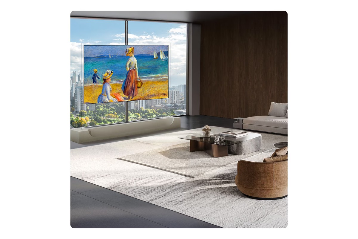 Téléviseur Wallpaper dans un salon avec vue sur la ville, tableau affiché à l'écran