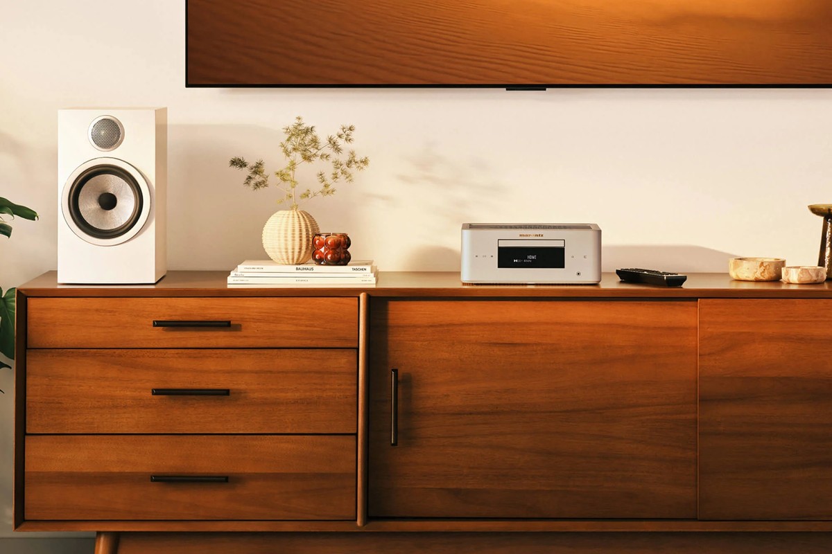 Champagne Gold finish on a living room sideboard next to a white speaker