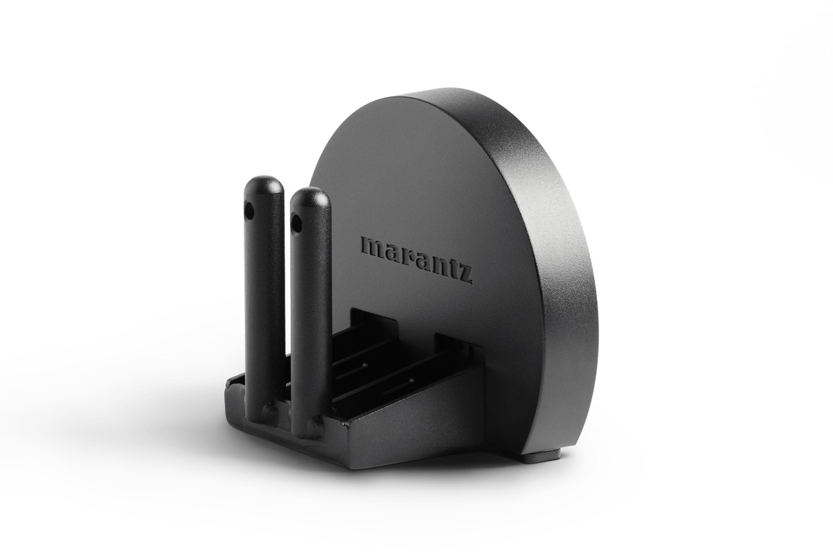 Assembled black wall bracket seen from a three-quarter angle