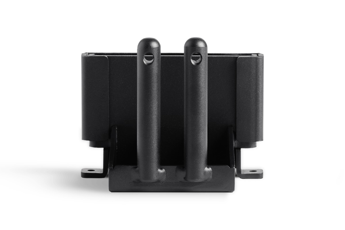 Black mounting unit seen from the front, with two vertical pins