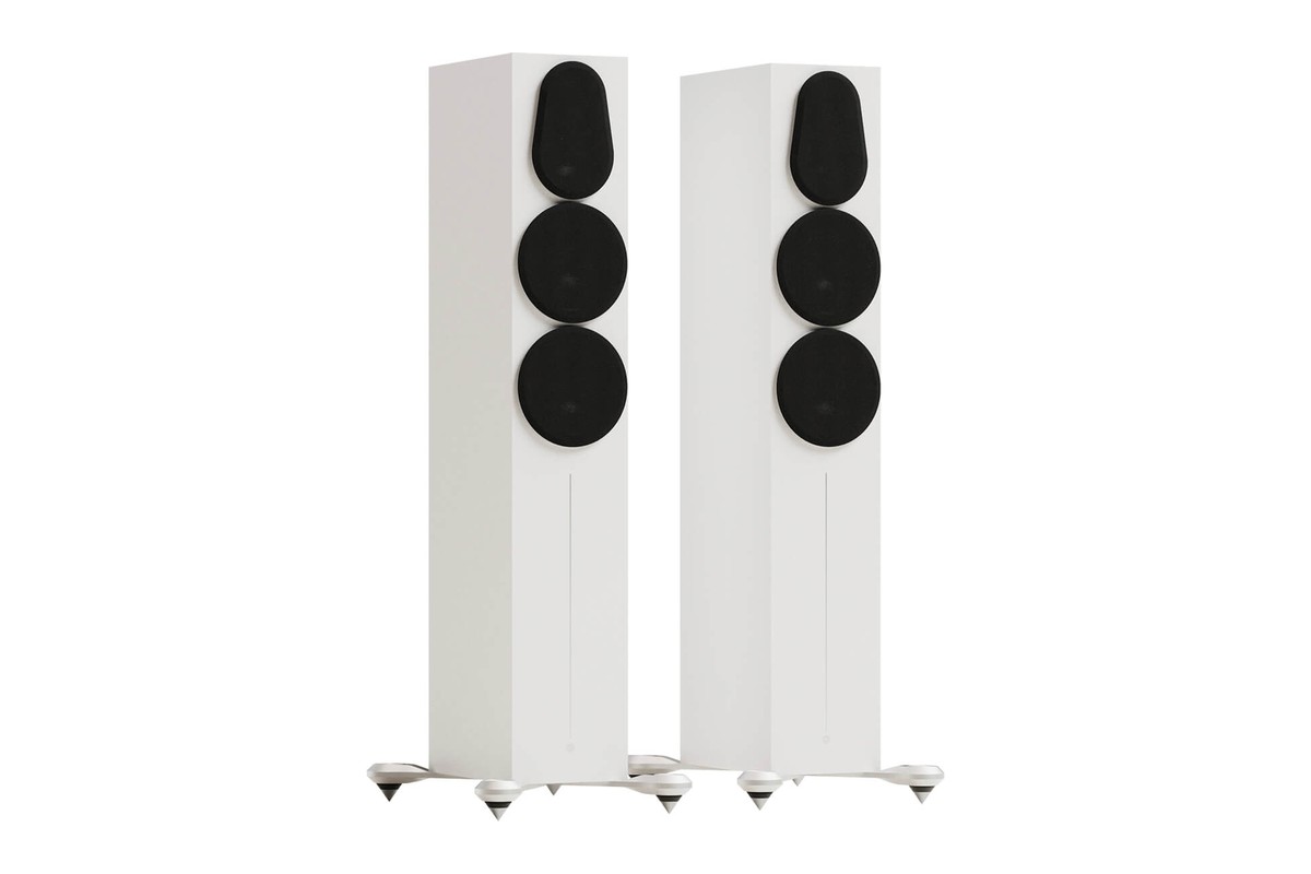 Satin white floorstander with magnetic grille fitted
