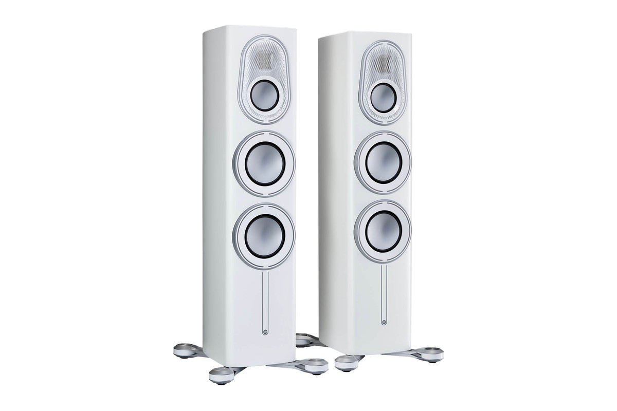 Satin white floorstander, three-quarter view