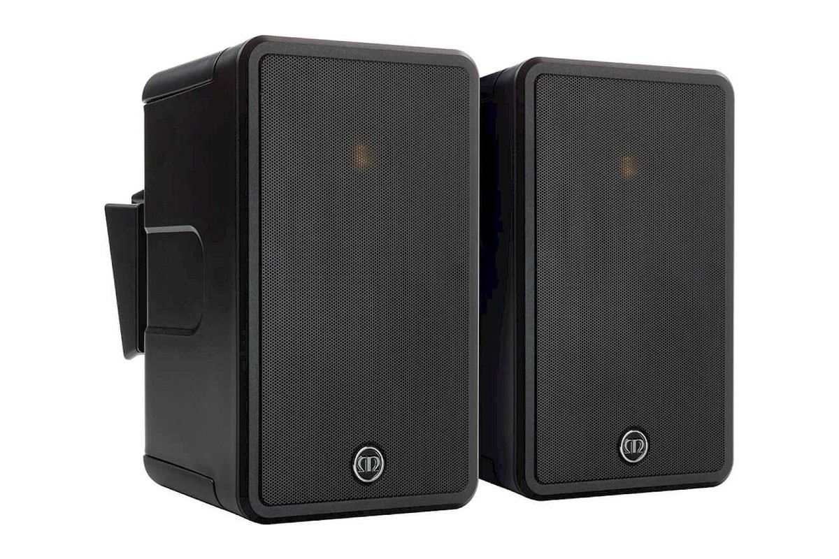 Pair of black speakers, three-quarter view