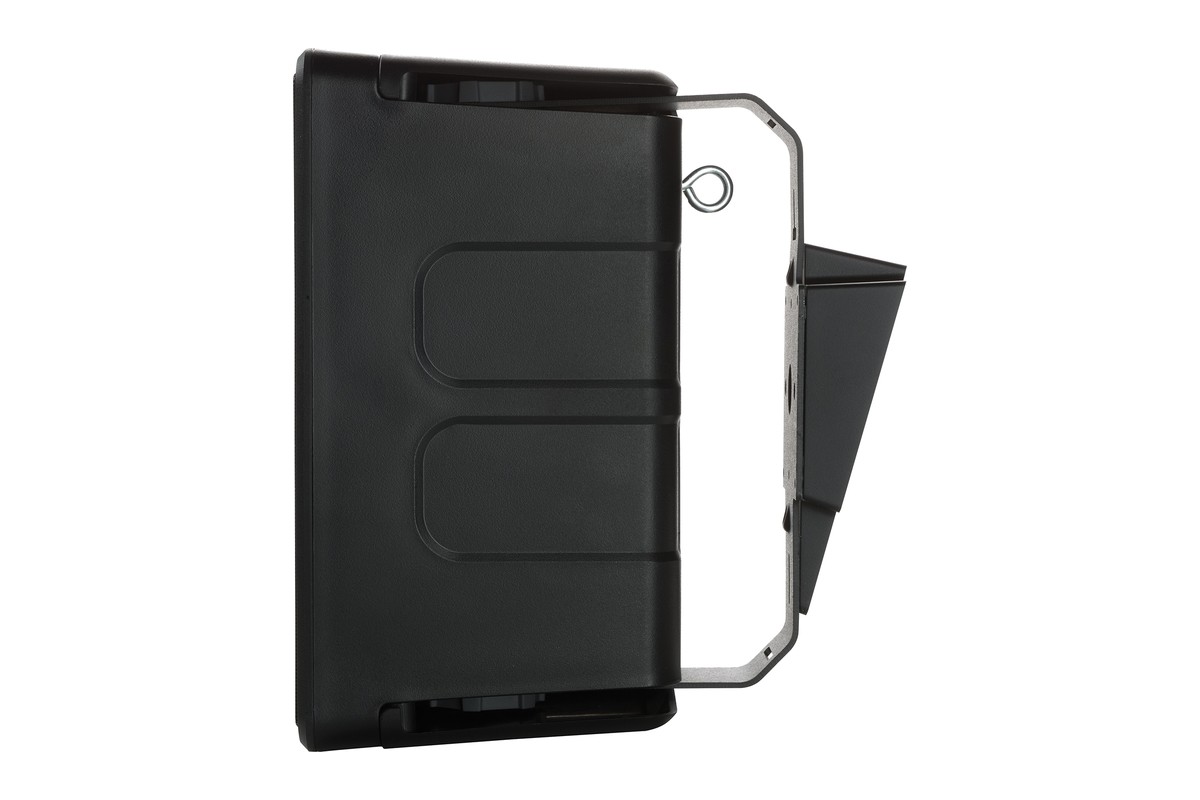 Black speaker in profile with its bracket