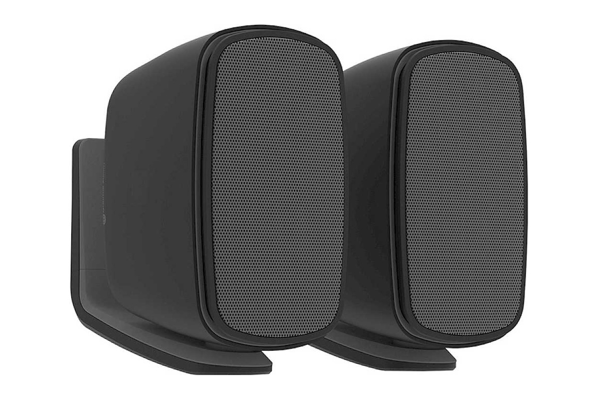 Pair of black speakers, three-quarter view