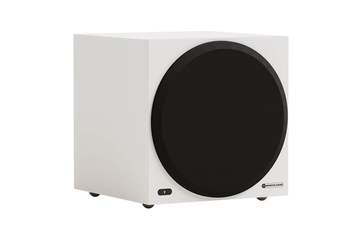 Subwoofer bianco opaco di tre quarti con griglia