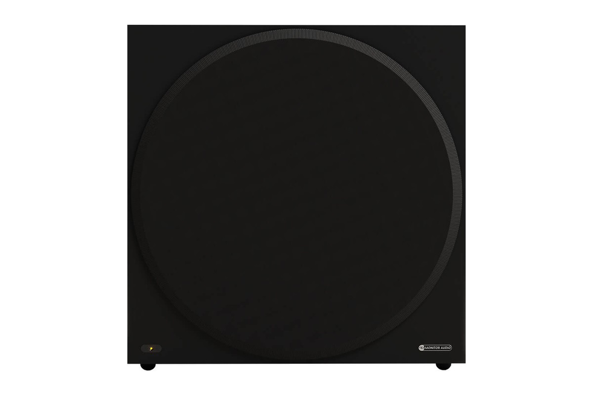 Matte black subwoofer, front view with grille