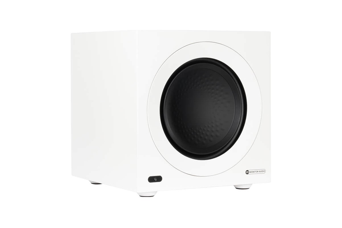 Subwoofer bianco satinato, vista di tre quarti senza griglia