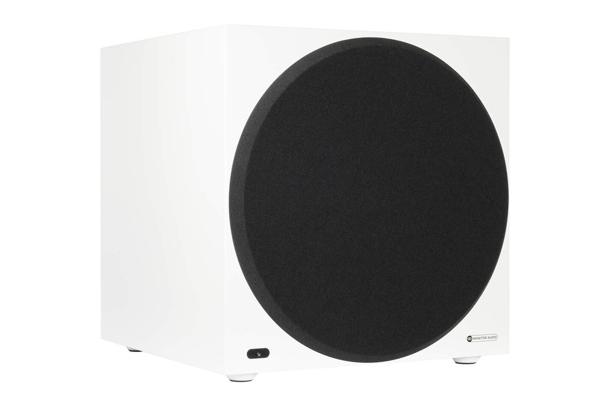 Satin white subwoofer, three-quarter view with grille