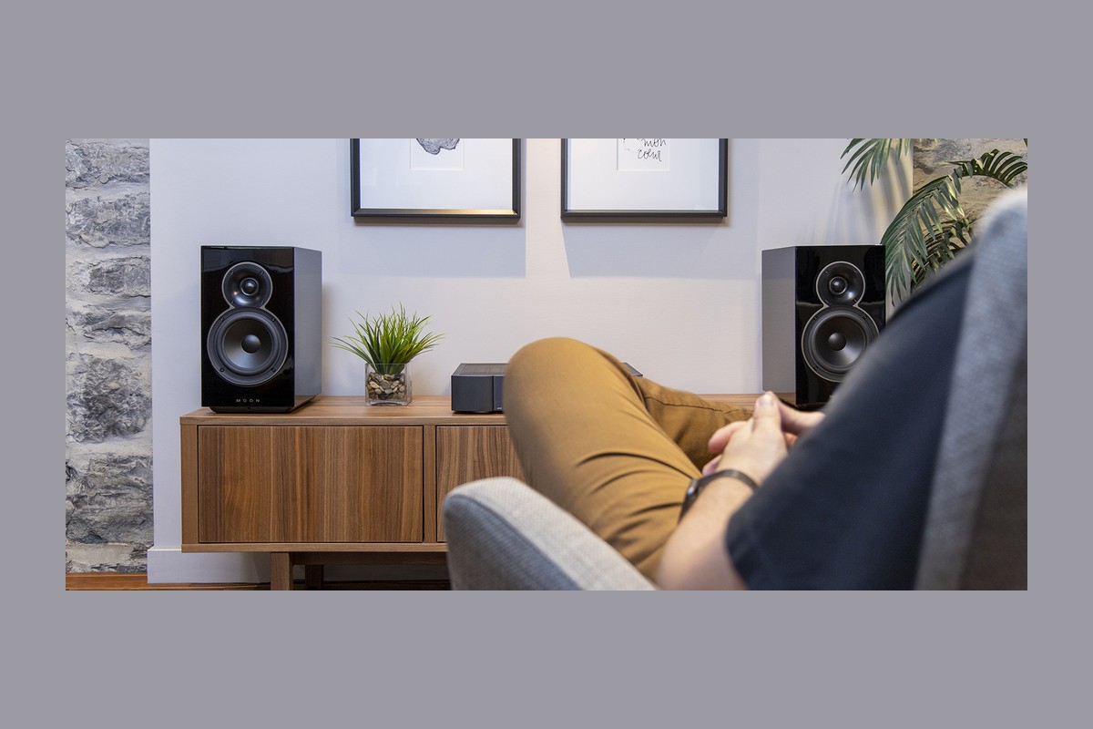 Enceinte bibliothèque Moon Voice 22 dans un salon
