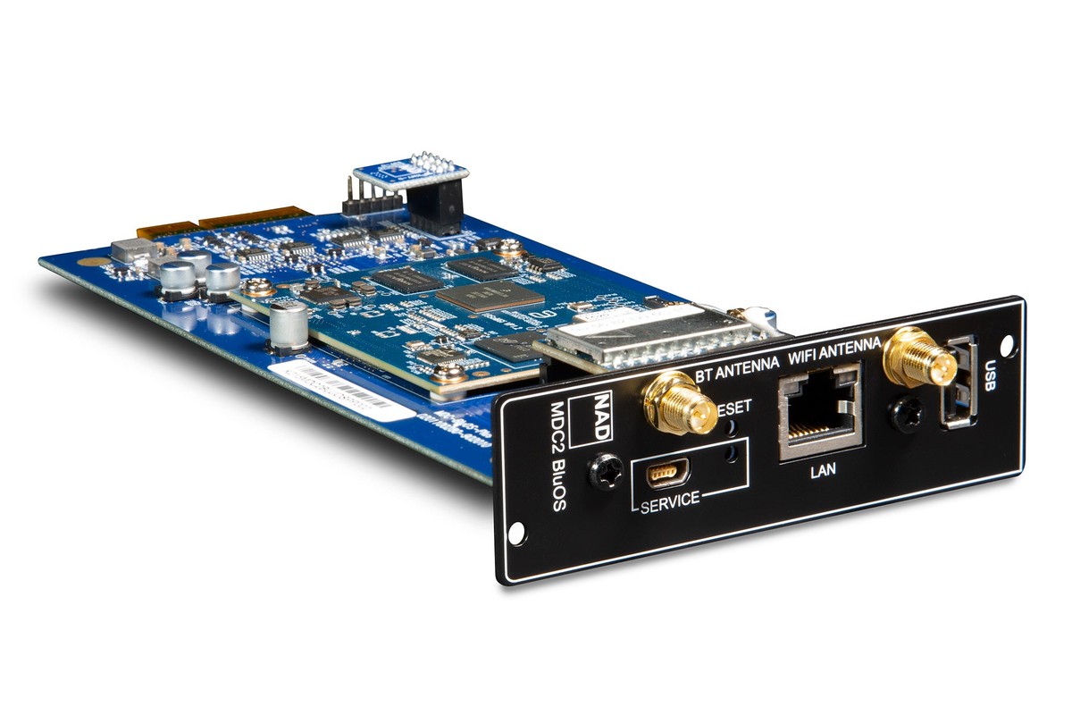 Modul MDC2 BluOS-D mit Antennen, Netzwerkbuchse und USB-Anschluss