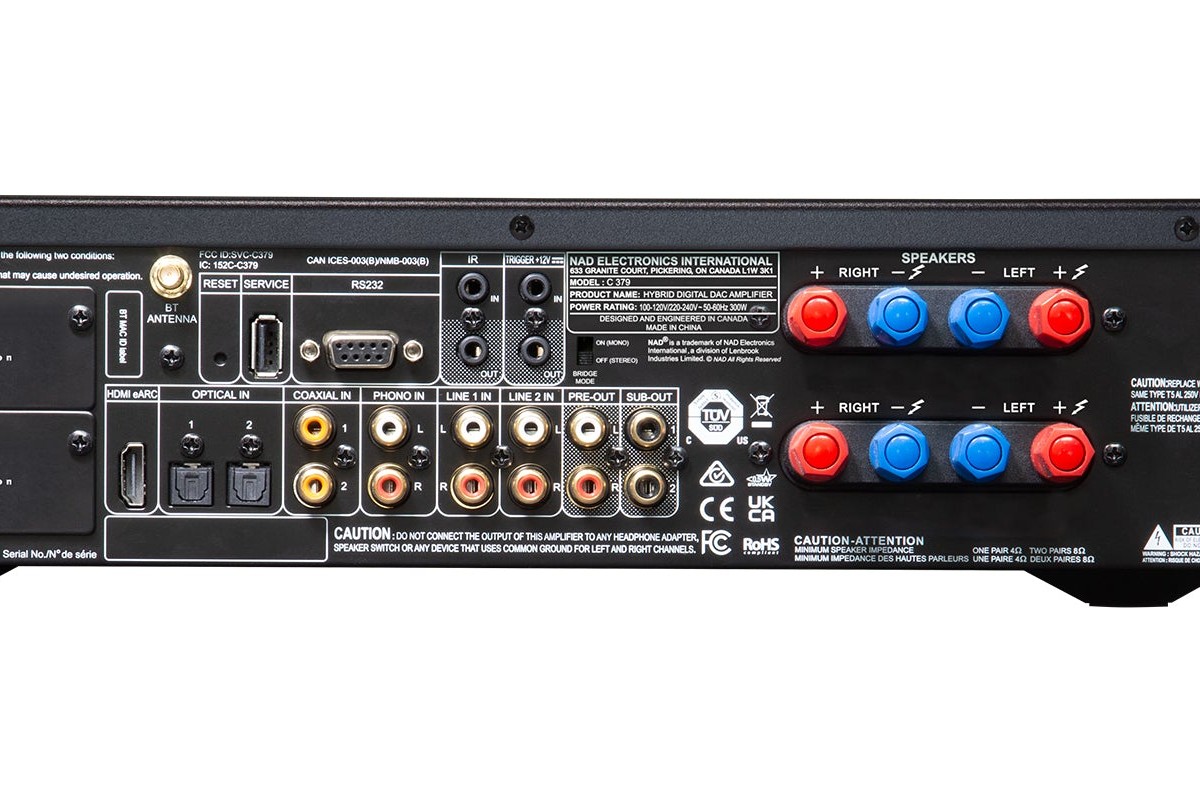 Connessioni posteriori: HDMI eARC, ingressi digitali e analogici, uscite subwoofer