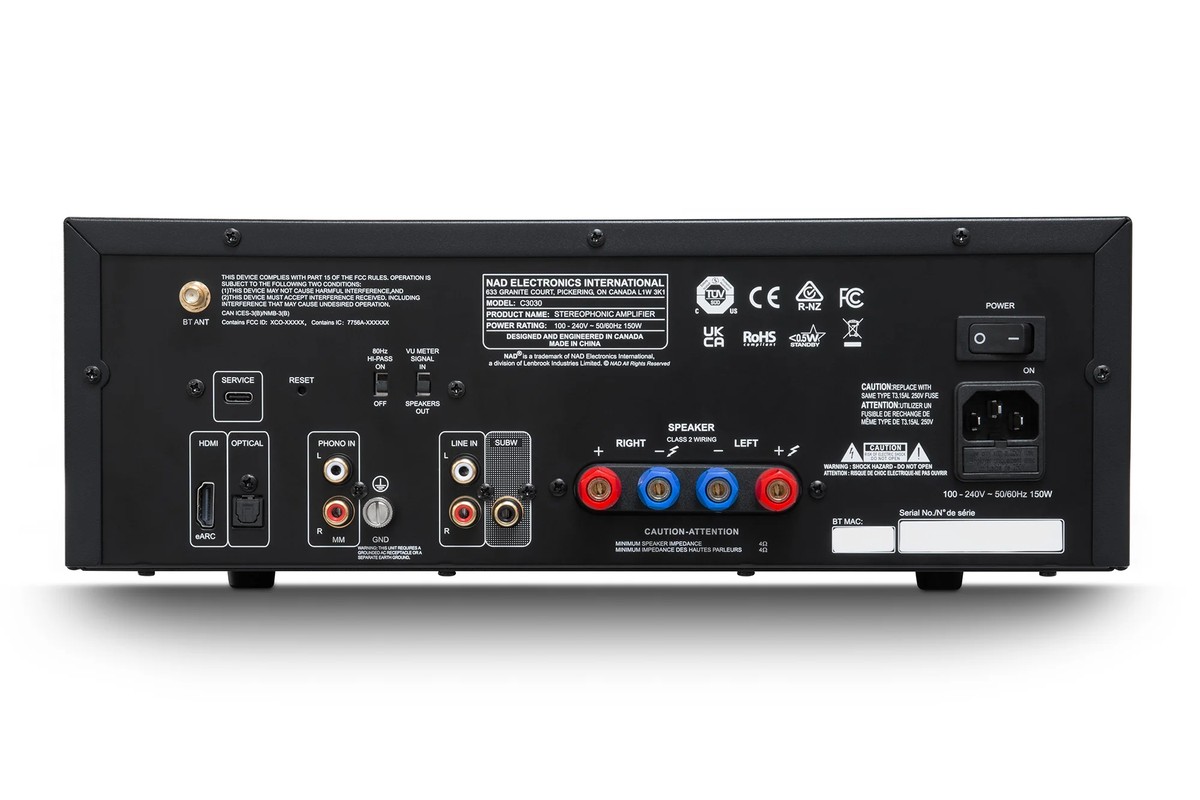 Face arrière avec prises HDMI eARC, optique, phono, ligne et bornes haut-parleurs