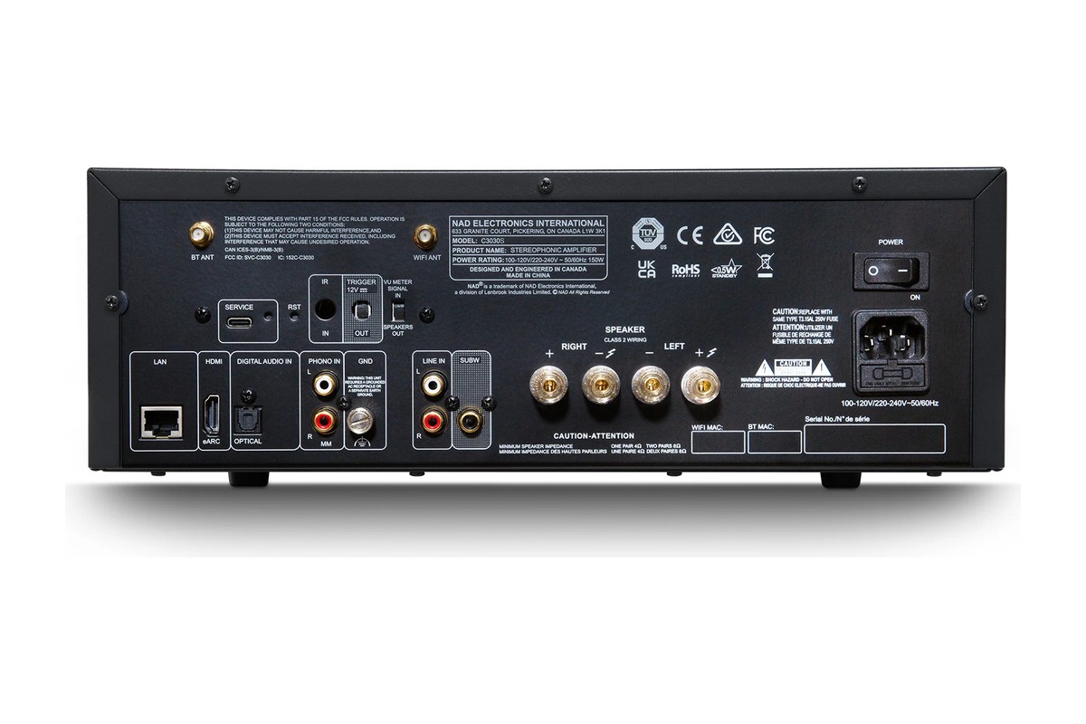 Face arrière avec entrée HDMI eARC, entrées phono, optique et ligne, sortie caisson et borniers d'enceintes