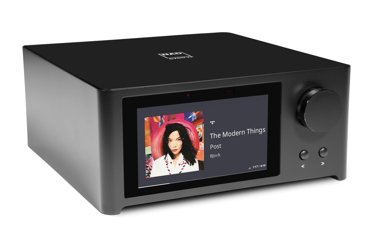 NAD C 700 V2 from three-quarters, screen showing album art