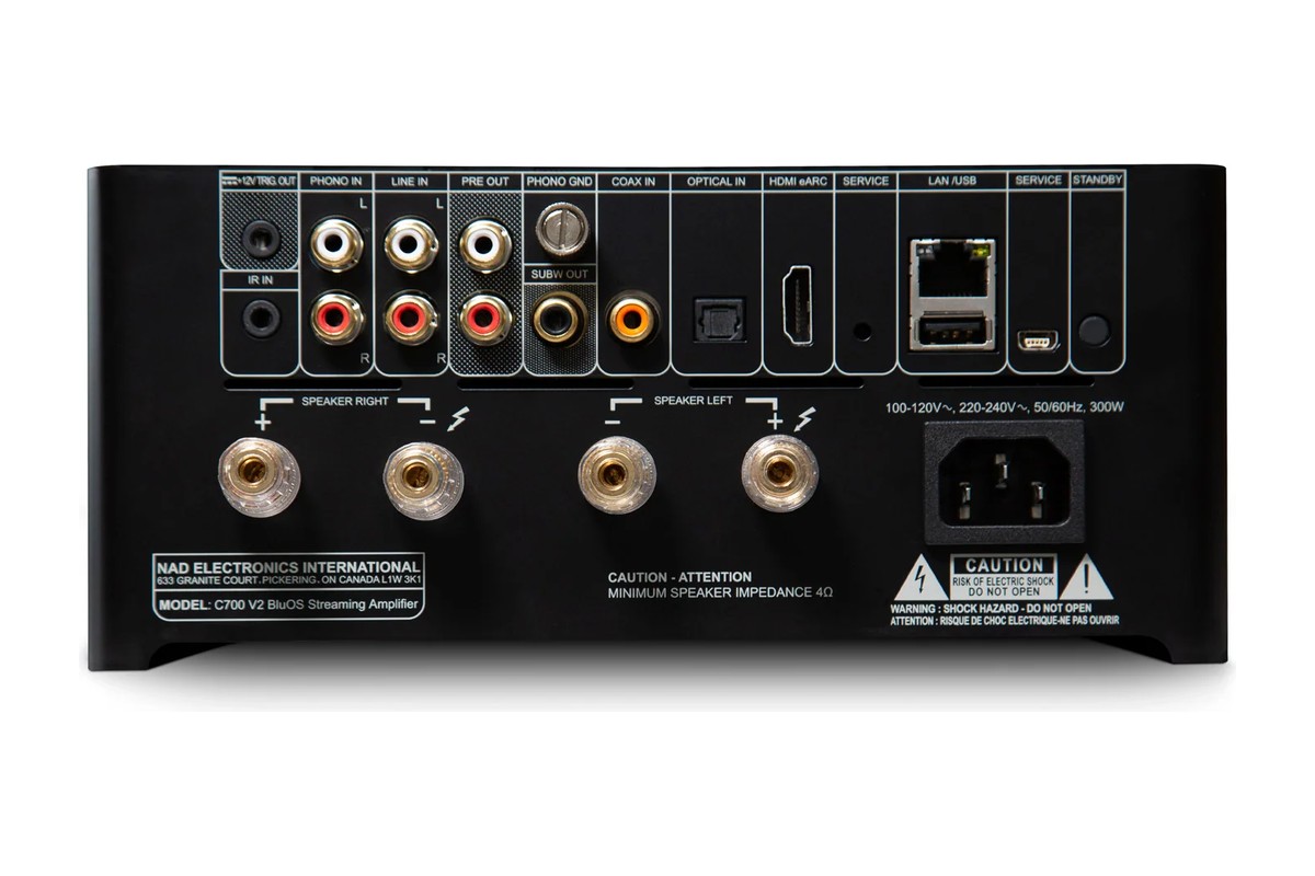 Rear panel with phono, line, coaxial, optical and HDMI eARC inputs and speaker terminals