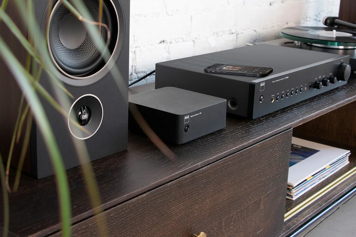Streamer on a dark wooden cabinet between a speaker and an integrated amplifier