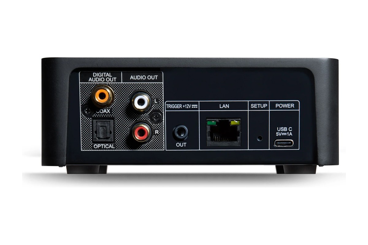 Rear panel with RCA, optical and coaxial outputs, 12 V trigger, LAN port and USB-C socket