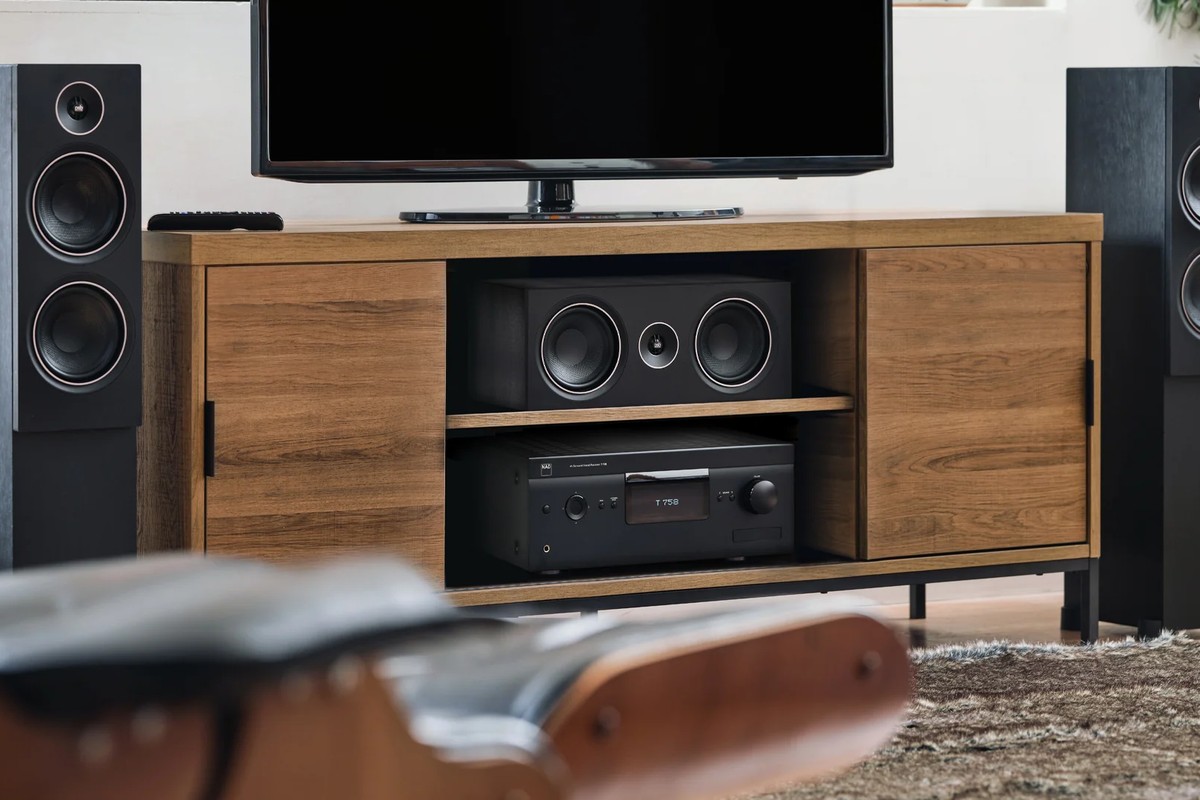 Heimkino-AV-Receiver unter einem Fernseher, zwischen zwei Standlautsprechern und einem Center
