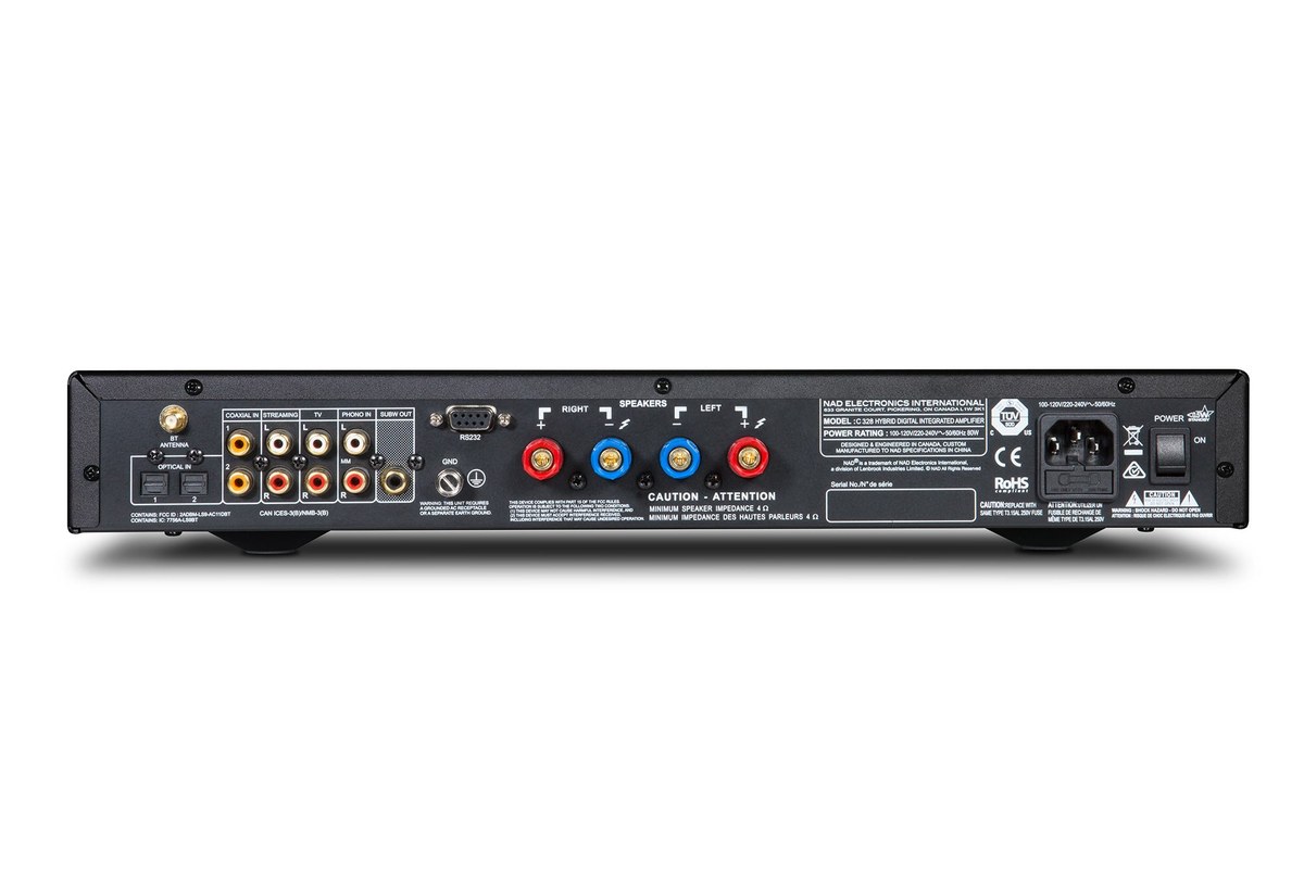 Pannello posteriore: ingressi ottici, coassiali, linea e phono, uscita subwoofer, porta RS-232 e morsetti per diffusori