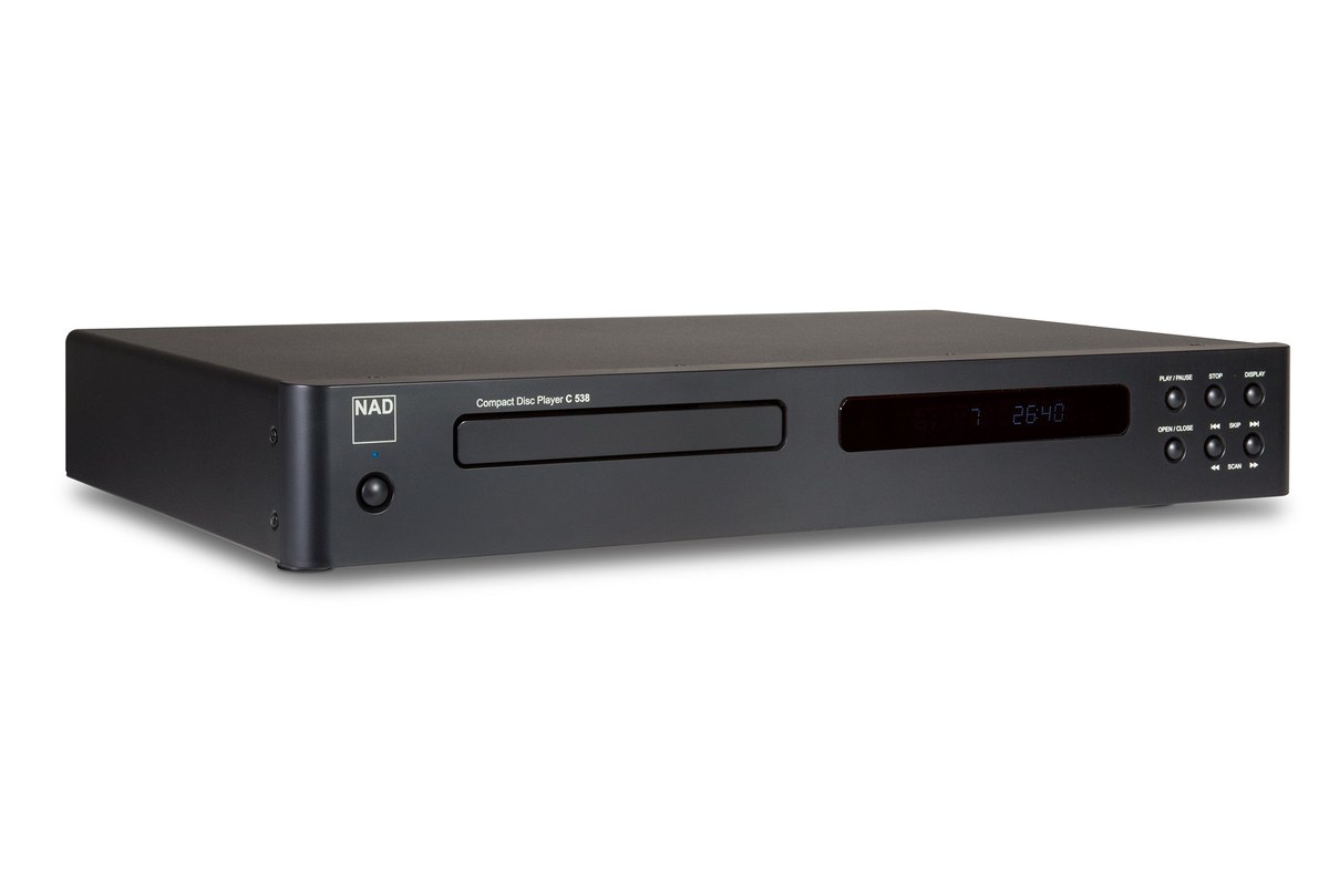 CD player in three-quarter view with disc tray, display and control buttons