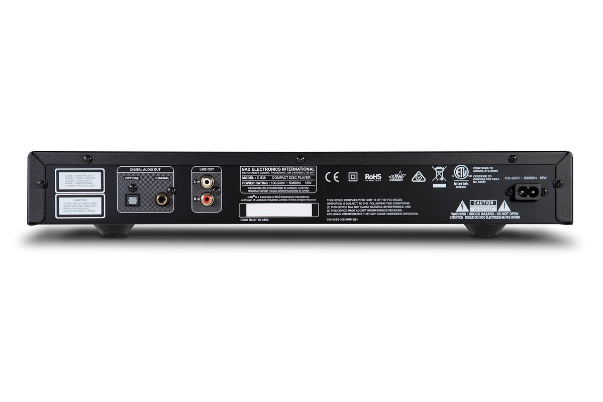 Rear panel: optical and coaxial digital outputs and RCA line output